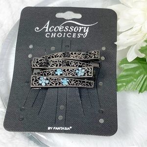 Fantasia Marcasite Filigree Rhinestone Alligator Clip 4 Barrettes Black Blue NEW